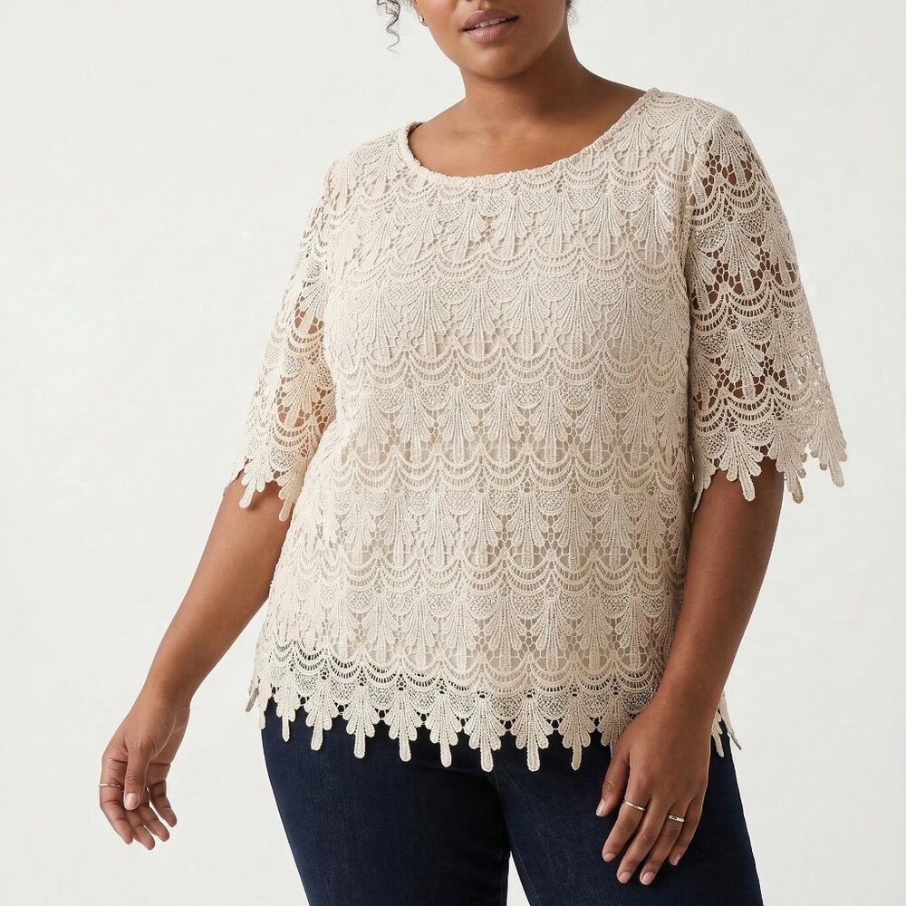 Diva Blouse Cream Crochet Lace Scalloped Boho Coquette 3X